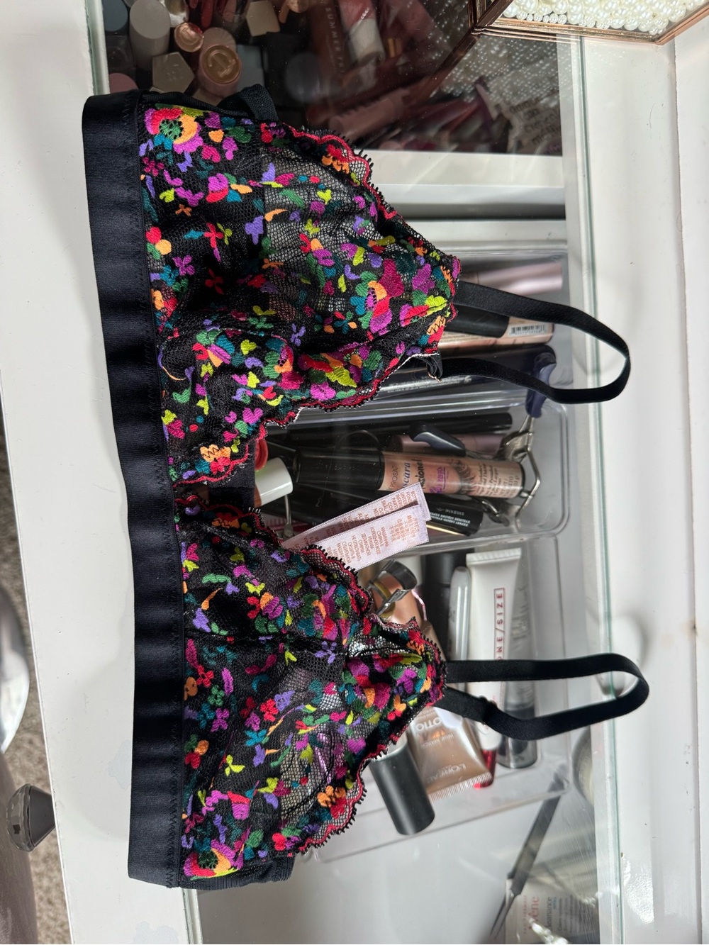 Savage X Fenty Black Sheer Lace Bralette with Multicolor Floral Embroidery